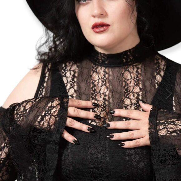 Black Lace Cold Shoulder Long Bell Sleeve Tunic Uneven Hem Mesh Top - NEW - Picture 2 of 4